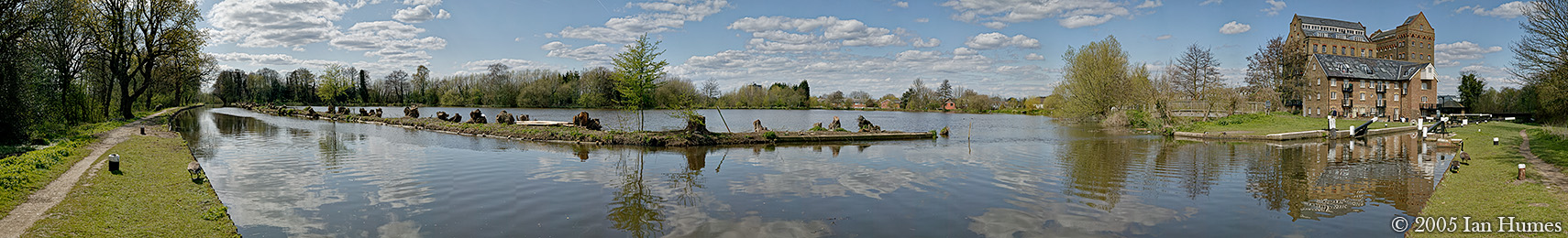 Wide-angle stitched panoramc photograph of Coxes Lock and Mill on the Wey navigation near Weybridge